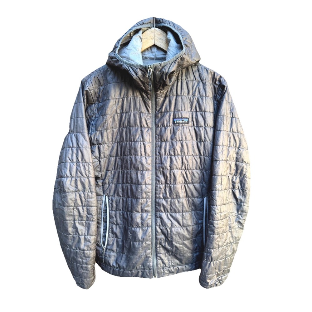 Patagonia Puffer Jacket Men's Small Gray Nano Hooded Water Resistant Full Zip